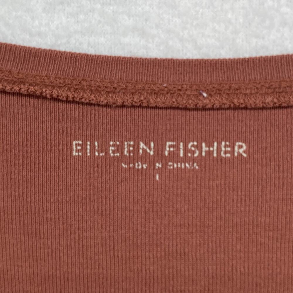 EILEEN FISHER Top L Organic Cotton Ribbed Jersey V-Neck 3/4 Sleeve Basic Brown - Picture 4 of 10